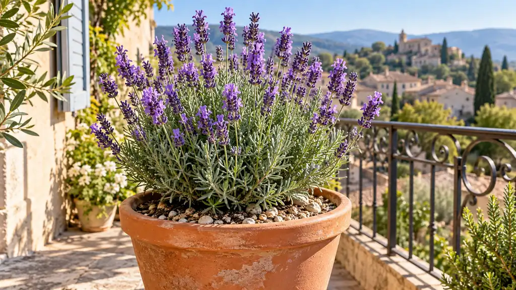 Lavande fleurie cultivée en pot sur un balcon ensoleillé
