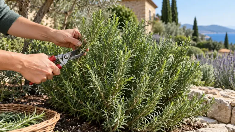 Taille légère d’un romarin vigoureux dans un jardin méditerranéen