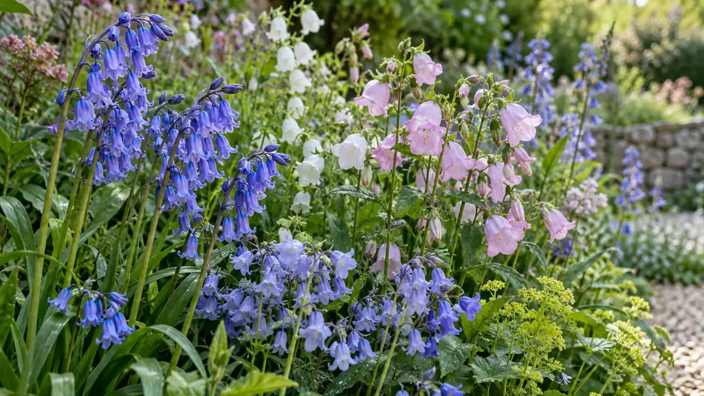 Massif de fleurs en clochettes bleues, blanches et roses