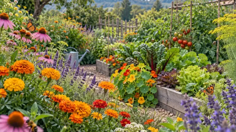 Fleurs compagnes colorées autour de légumes au potager avec des pollinisateurs