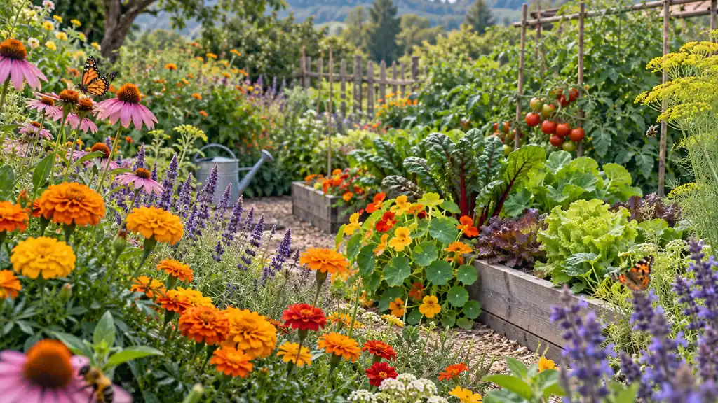 Fleurs compagnes colorées autour de légumes au potager avec des pollinisateurs