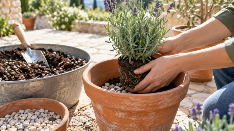 Plantation d’une lavande dans un pot en terre cuite avec couche drainante