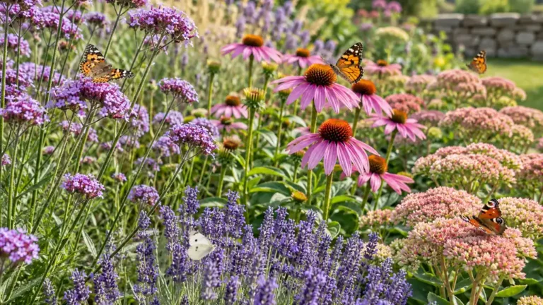 Jardin fleuri de lavandes, échinacées et verveines attirant les papillons