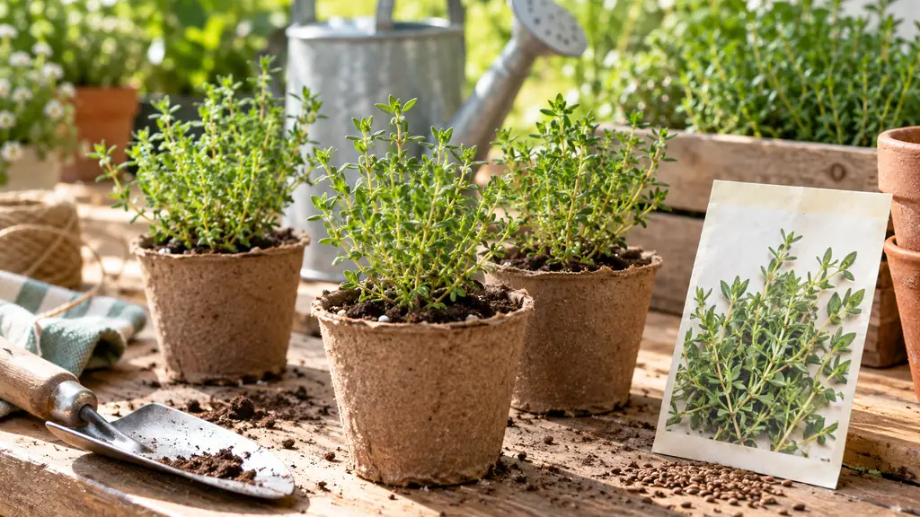 Jeunes plants de thym semés dans des godets biodégradables