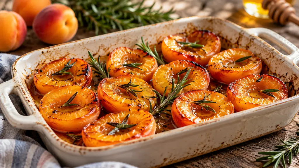 Demi-abricots rôtis au miel et au romarin dans un plat