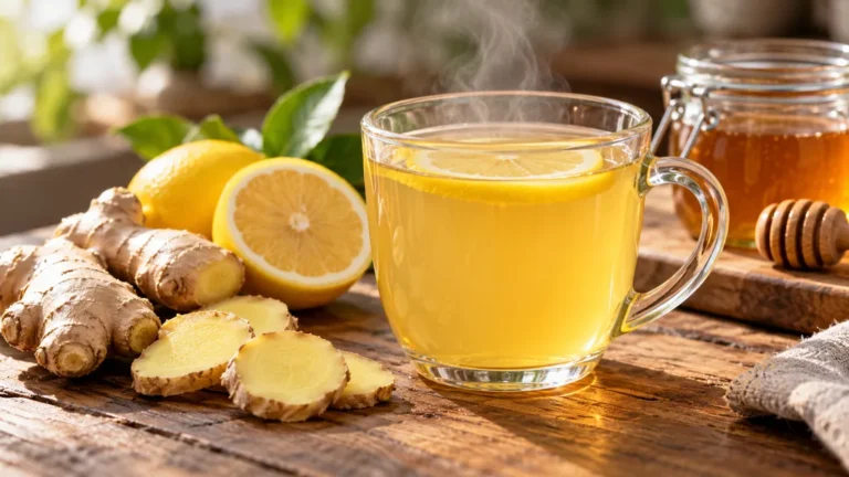 Tasse chaude au gingembre, citron et miel sur une table en bois