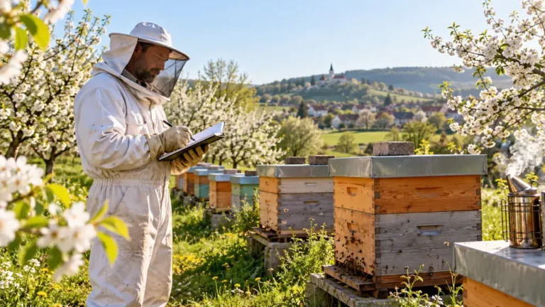 Apiculteur consultant son calendrier devant des ruches au fil des saisons