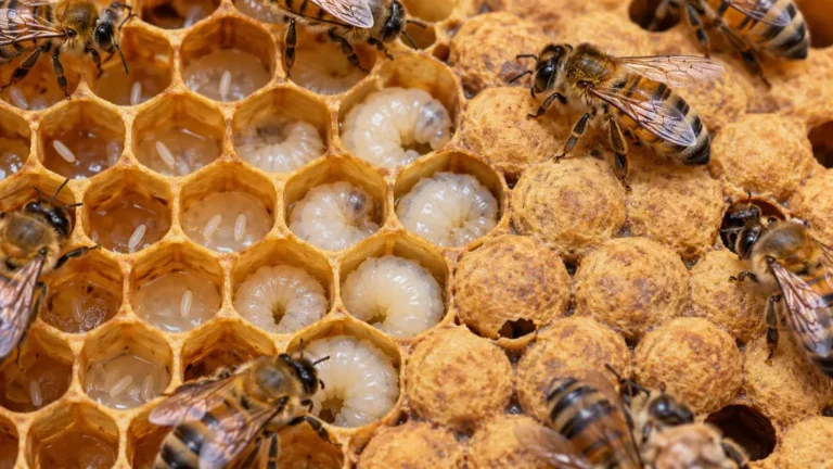 Couvain montrant œufs, larves et cellules operculées d’abeilles