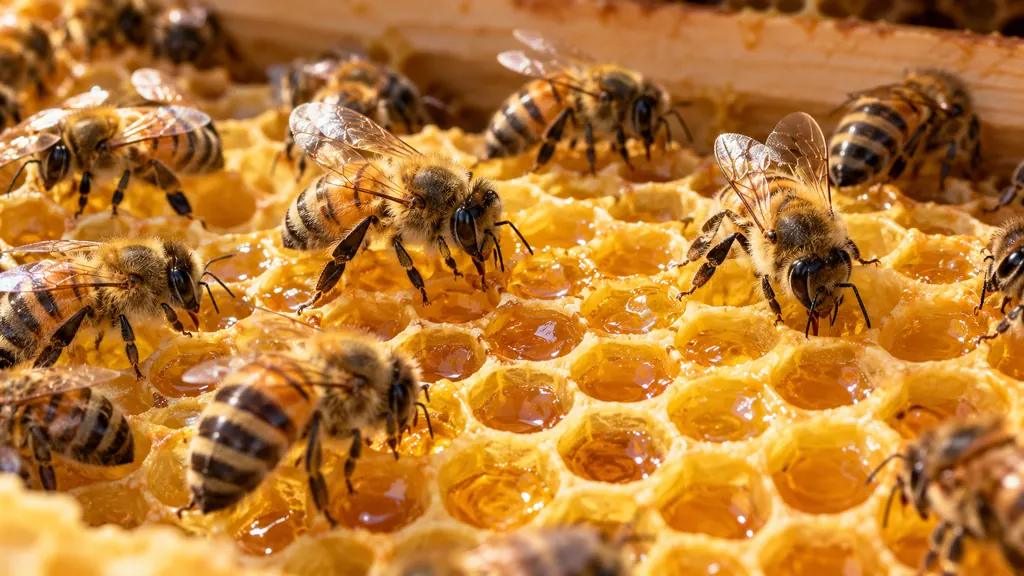 Abeilles déposant et ventilant du nectar dans des alvéoles