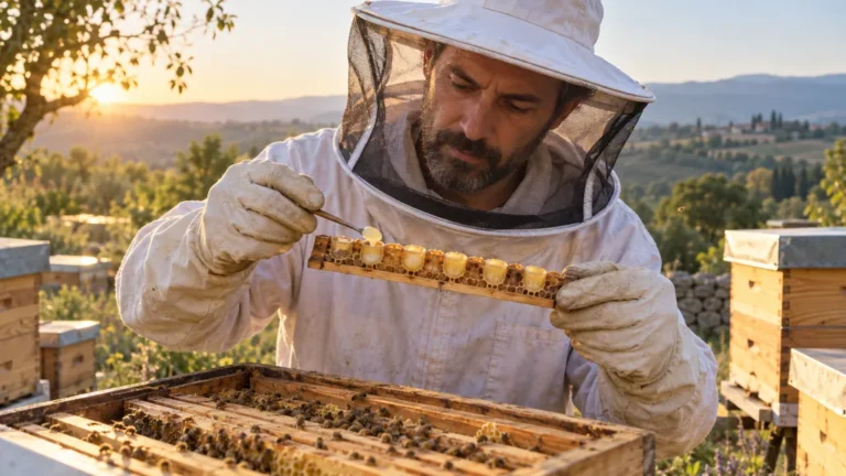Gelée royale fraîche dans une cellule royale entourée d’abeilles