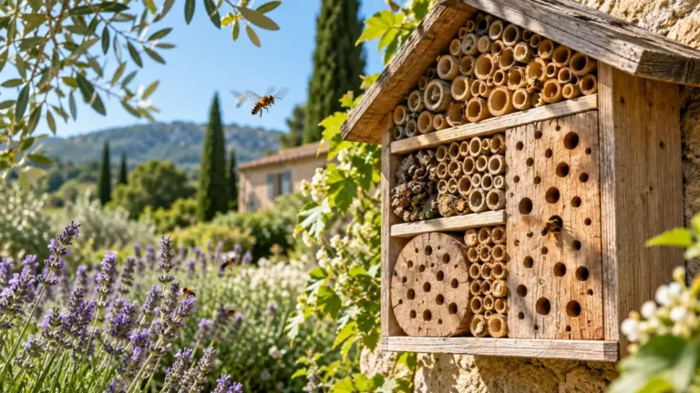 Hôtel à abeilles en bois avec des tubes propres dans un jardin fleuri
