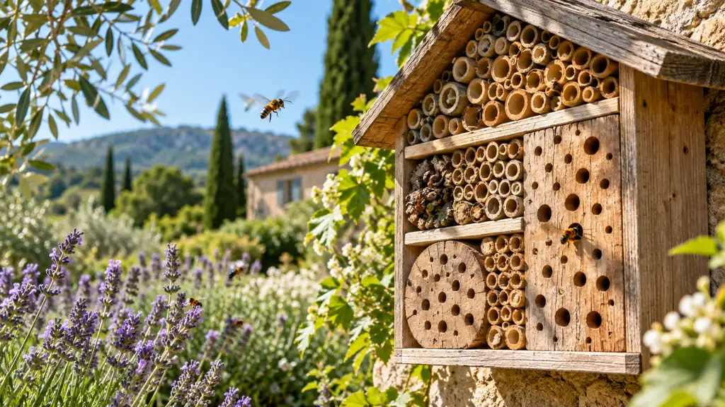 Hôtel à abeilles en bois avec des tubes propres dans un jardin fleuri