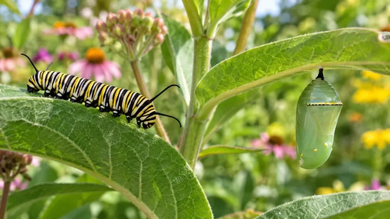 Chenille de papillon et chrysalide sur une plante-hôte