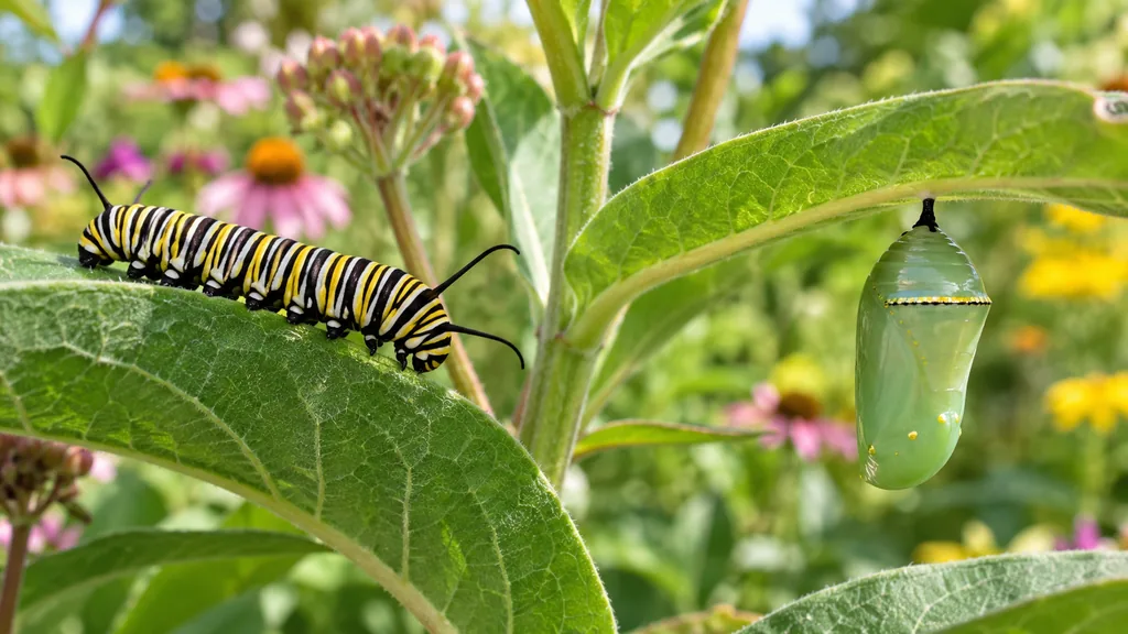 Chenille de papillon et chrysalide sur une plante-hôte