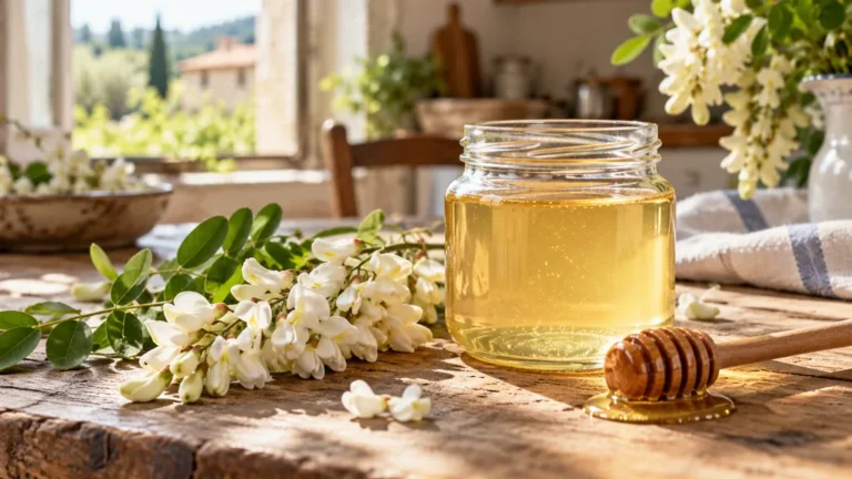 Pot de miel d’acacia clair avec fleurs blanches de robinier