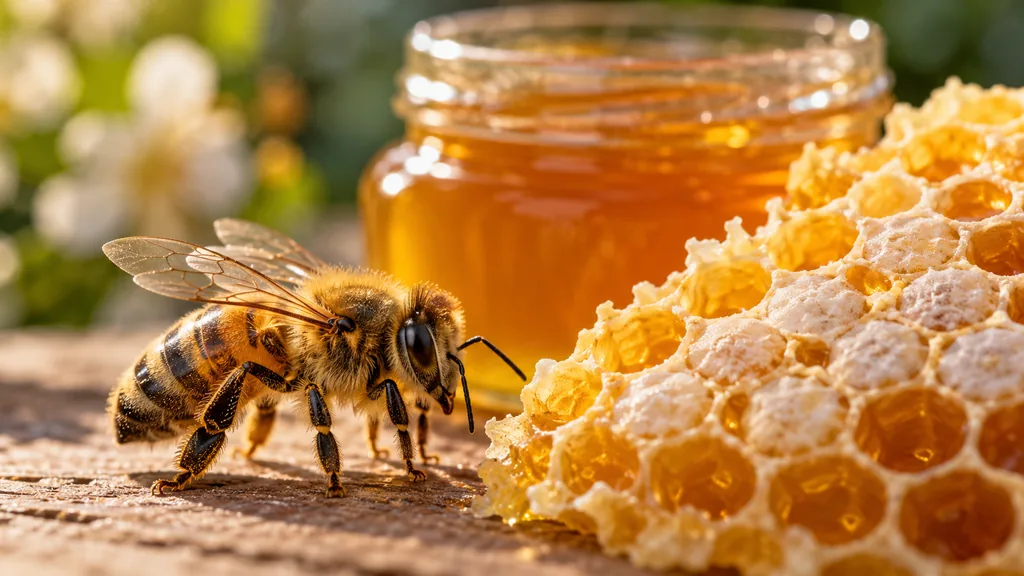 Abeille butinant près d’une petite cuillère de miel