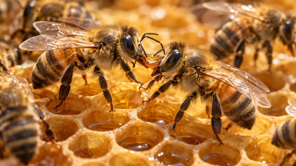 Deux abeilles échangeant une goutte de nectar sur un rayon