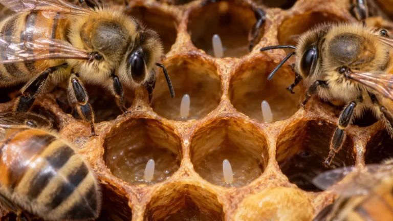 Œufs d’abeilles visibles au fond de cellules de cire