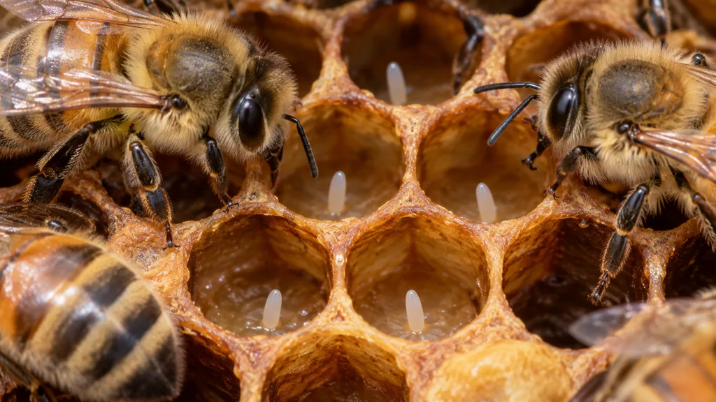 Œufs d’abeilles visibles au fond de cellules de cire