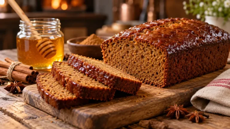 Pain d’épices moelleux tranché avec un filet de miel