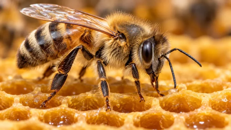 Macro d’une abeille montrant clairement ses six pattes