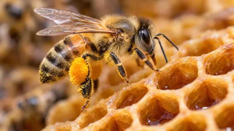 Abeille portant deux pelotes de pollen sur ses pattes arrière