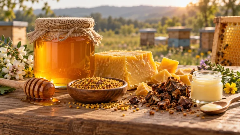 Miel, cire, pollen et propolis présentés ensemble sur une table