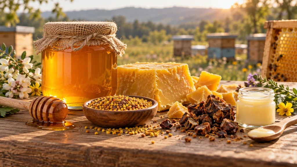 Miel, cire, pollen et propolis présentés ensemble sur une table