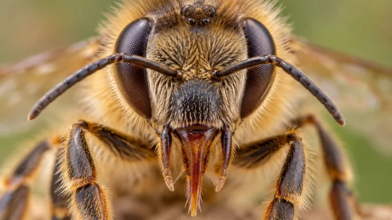 Gros plan de la tête d’une abeille avec ses yeux et antennes