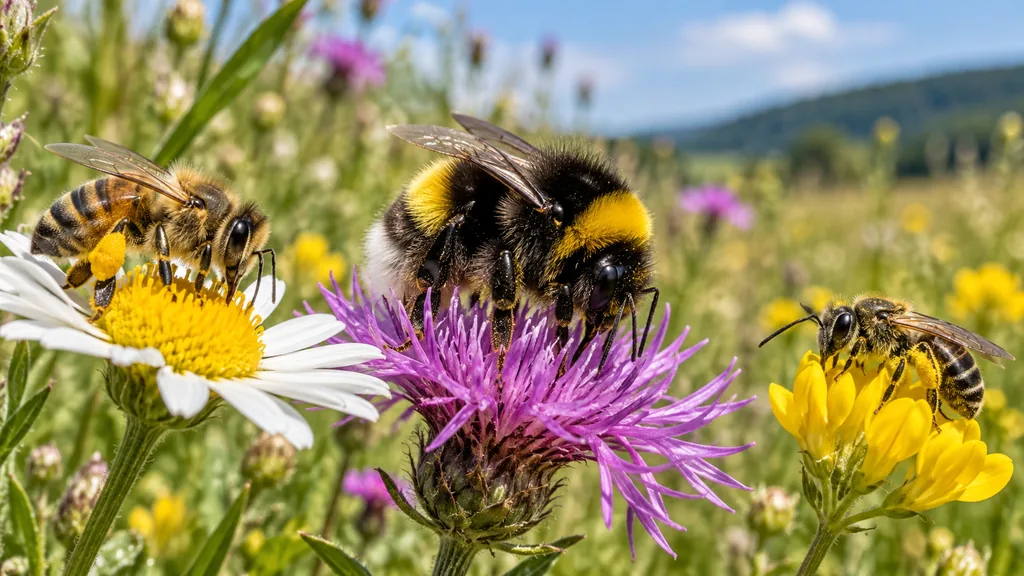Abeille domestique, bourdon et abeille sauvage réunis sur des fleurs